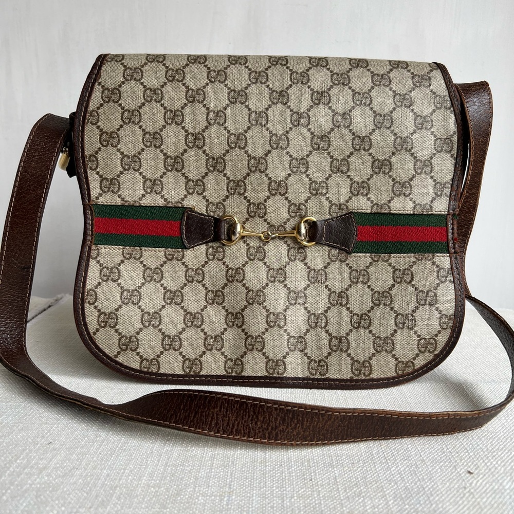 Vintage 70s Gucci Horsebit Print Flap Shoulder Bag